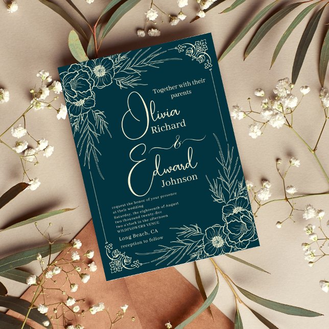 Invitación Flores de oro elegantes dibujadas a mano. Boda (Subido por el creador)