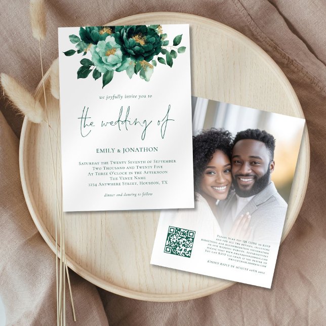 Invitación Flores de oro esmeralda Foto Boda de código QR (Front and back view)