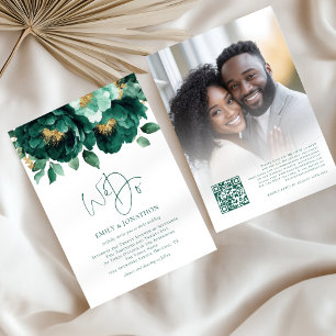 Invitación Flores de oro esmeralda Foto Boda de código QR