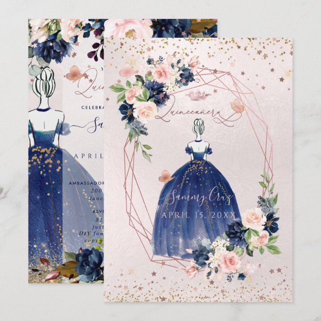 Invitación Flores de oro H2 de la Marina de Quinceanera Rosa  (Anverso / Reverso)