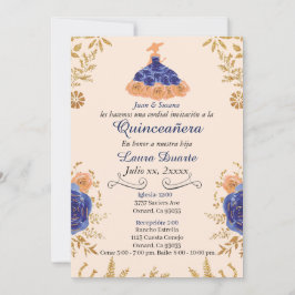 Invitación Flores de oro invitadas a la quinceañera azul y do
