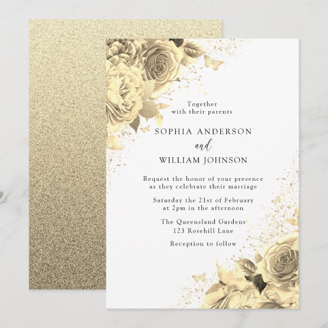 Invitación Flores de oro mágicas con una boda Purpurina elega (Anverso / Reverso)