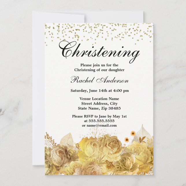 Invitación Flores de oro Purpurina niño Chica Christening Bap (Anverso)