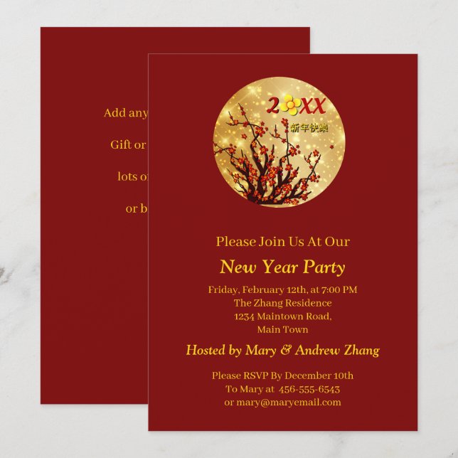 Invitación Flores de oro rojas Feliz Año Nuevo Chino 20XX (Anverso / Reverso)