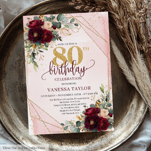 Invitación Flores de oro románticas Boho Marsala 80 cumpleaño