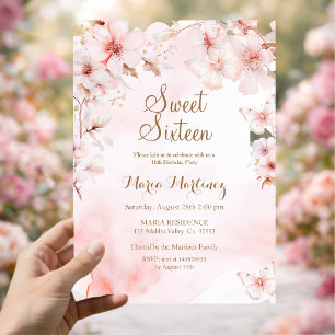 Invitación Flores de oro rosa con brillo dorado Sweet 16