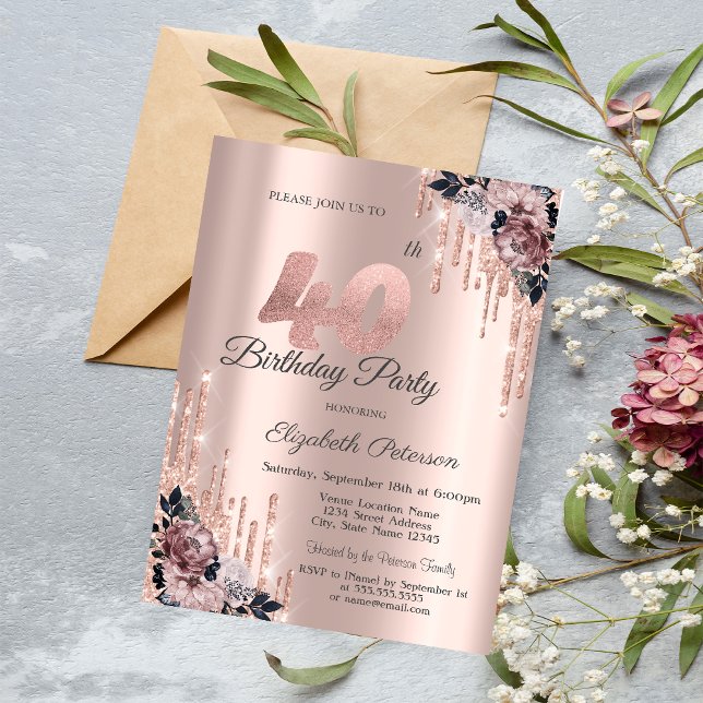 Invitación Flores de Oro Rosa con Destellos para Cumpleaños 4 (Subido por el creador)