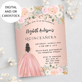 Invitación Flores de oro rosa de Quinceanera vestido de lujo