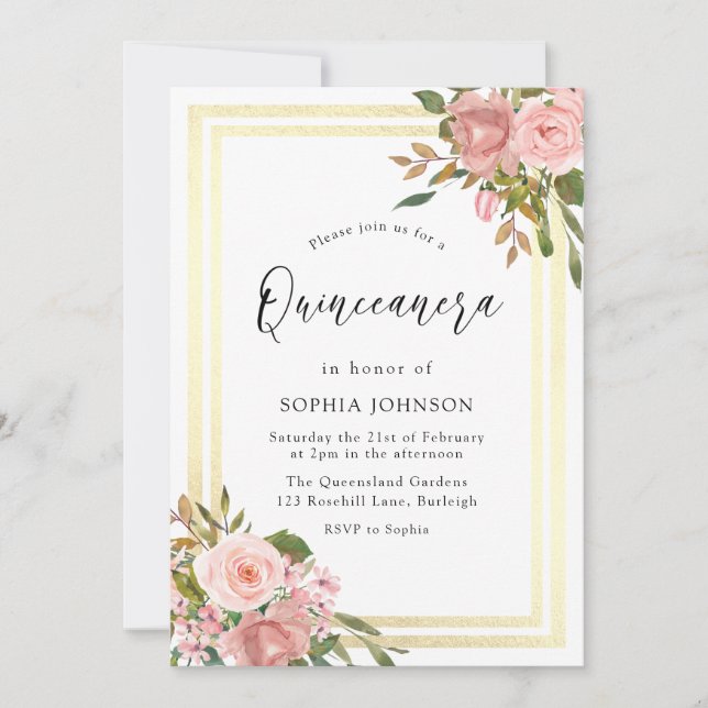 Invitación Flores de oro rosa doble borde Quinceanera (Anverso)