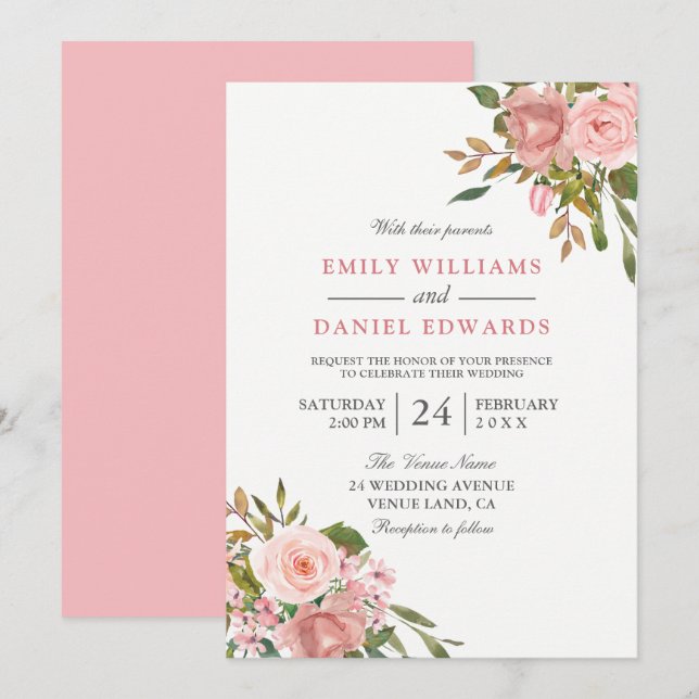 Invitación Flores de oro rosa elegantes invitan a la boda (Anverso / Reverso)