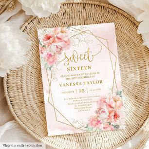 Invitación Flores de oro rosa en polvo brillante dulce 16 inv