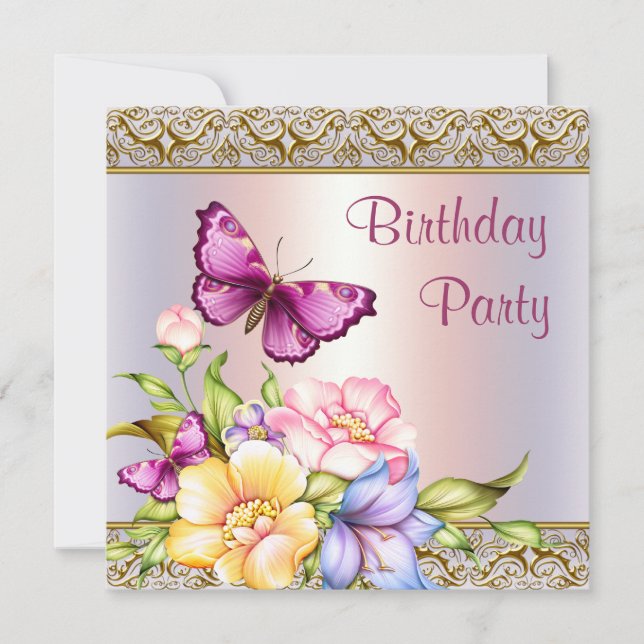 Invitación Flores de oro rosa mariposa cumpleaños de mujer fi (Anverso)