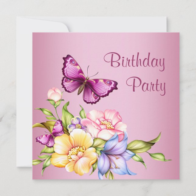 Invitación Flores de oro rosa mariposa cumpleaños de mujer fi (Anverso)