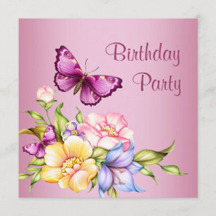 Invitación Flores de oro rosa mariposa cumpleaños de mujer fi