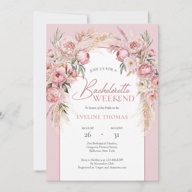 Invitación flores de oro Rosa pampas arca de boho (Anverso)