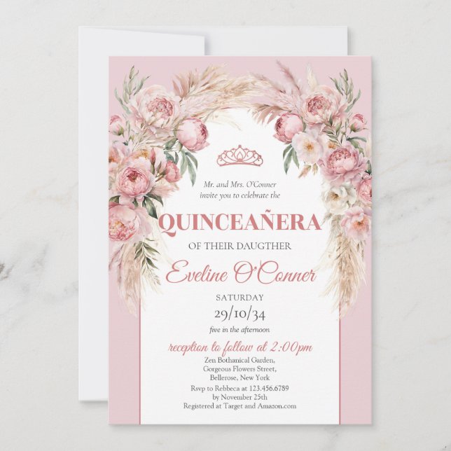Invitación Flores de oro Rosa pampas boho de hierba Quinceañe (Anverso)