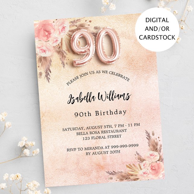 Invitación flores de oro Rosa pampas hierba 90 cumpleaños (Subido por el creador)