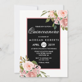 Invitación Flores de oro rosa rosado blanco negro Quinceanera