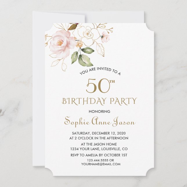 Invitación Flores de oro rosadas Rubor 50 cumpleaños (Anverso)