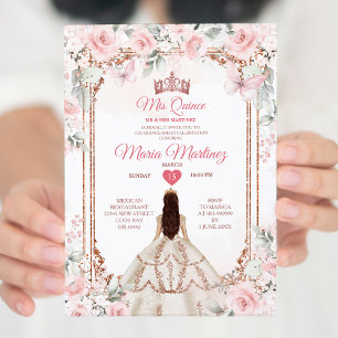 Invitación Flores de oro rosadas y de cobre Princesa Mis Quin