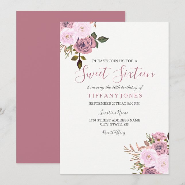 Invitación Flores de oro rosadas y Rosas Dulce Invitados (Anverso / Reverso)