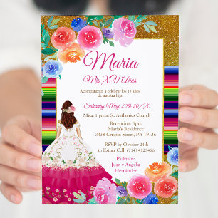 Invitación Flores De Oro Rosado Mis XV Anos Cumpleaños