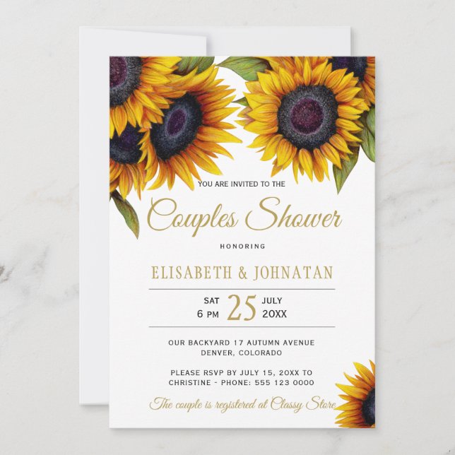 Invitación Flores de oro rusas moda elegante ducha pareja (Anverso)