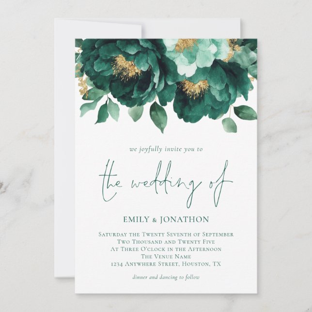 Invitación Flores de oro verde esmeralda Foto Boda de código  (Anverso)