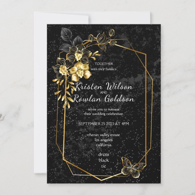 Invitación Flores de oro y orquídeas negras en negro (Anverso)