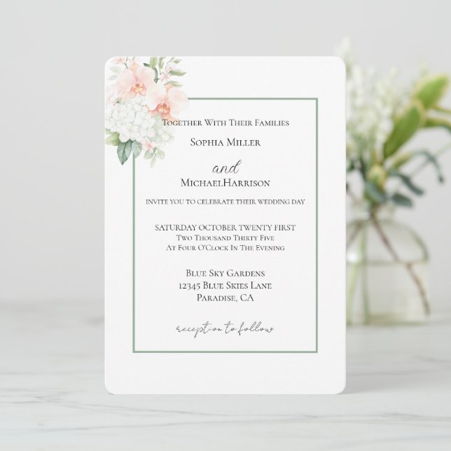 Invitación Flores de orquídea de boda con toque rosa melocotó (Anverso de pie)
