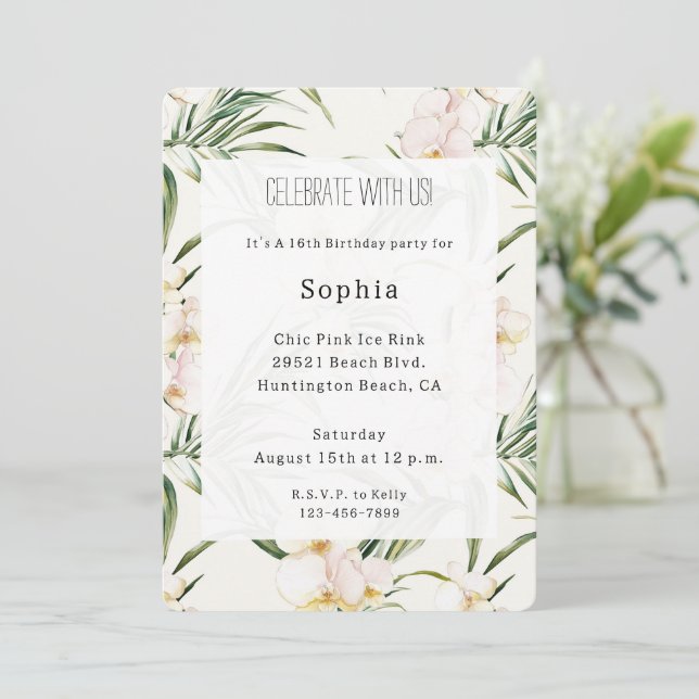 Invitación Flores de orquídeas blancas tropicales Cumpleaños (Anverso de pie)