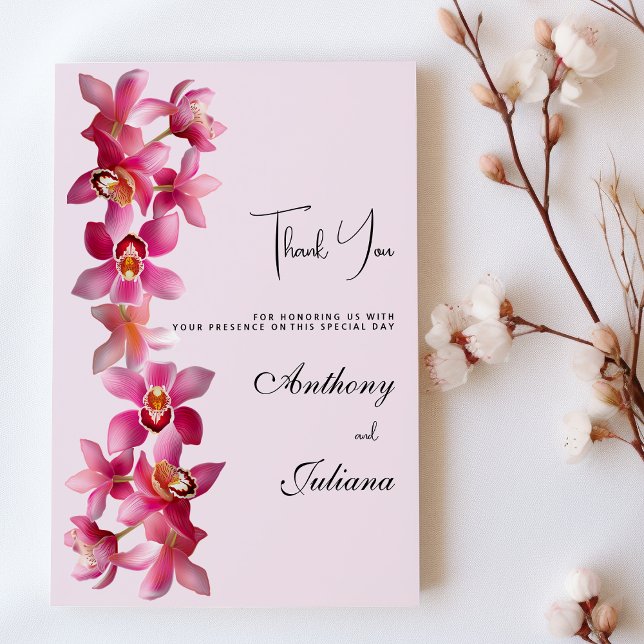 Invitación Flores de orquídeas borgoñas rosadas botánicas Gra (Botanic pink burgundy orchids flowers Thank You)