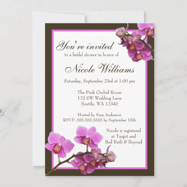 Invitación Flores de orquídeas rosas, ducha de novia (Anverso)