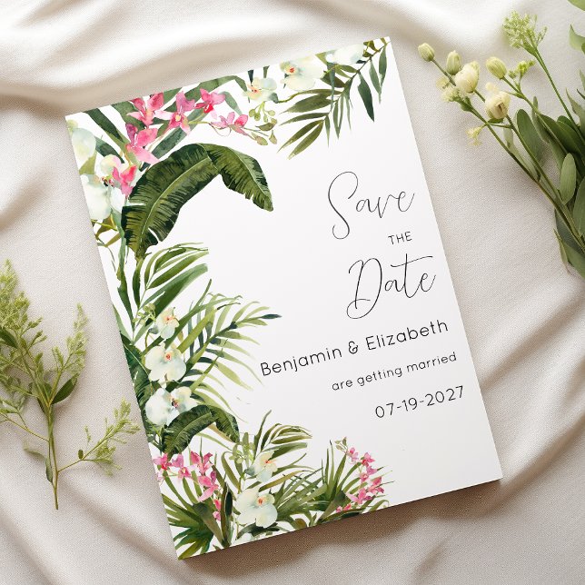 Invitación Flores de orquídeas tropicales blancas rosadas Sal (Pink white tropical orchid flowers Save the Date)