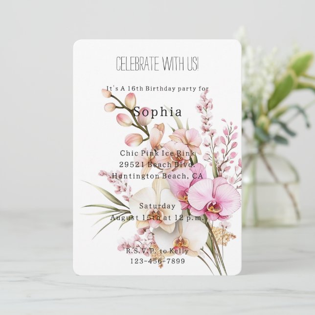 Invitación Flores de orquídeas tropicales rosadas Cumpleaños (Anverso de pie)