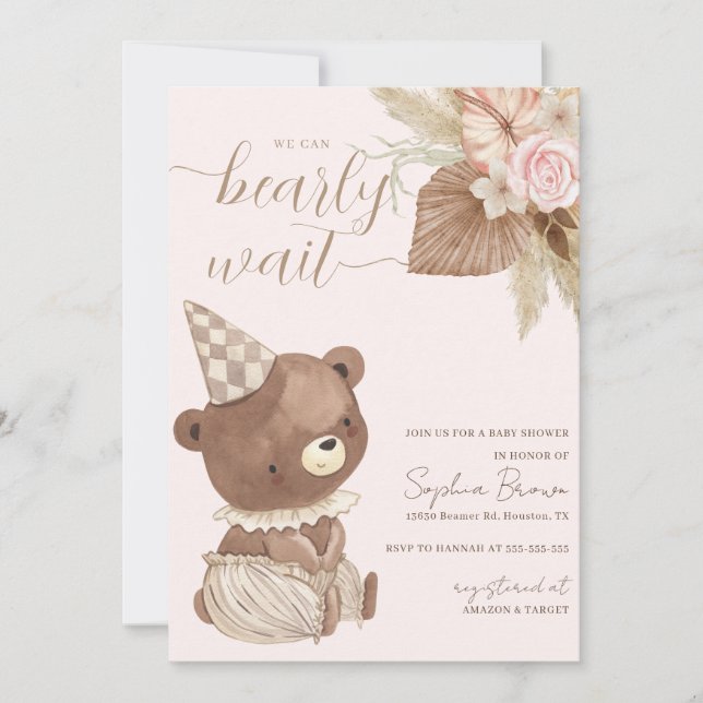 Invitación Flores de oso y boho Género Baby Shower neutral (Anverso)