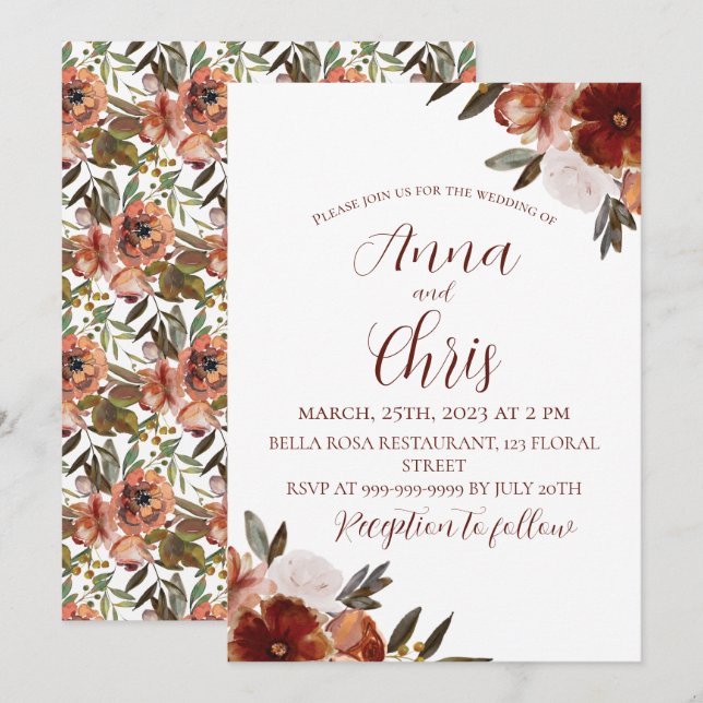INVITACIÓN FLORES DE OTÑO EN ACUARELA PARA BODA  (Anverso / Reverso)