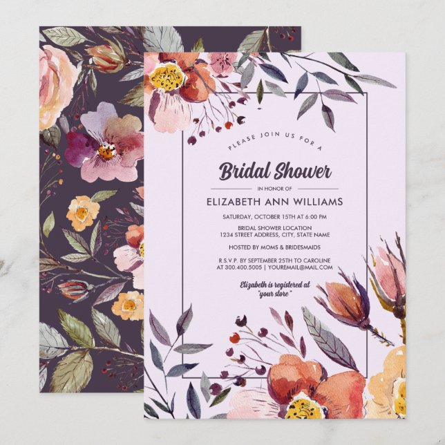 Invitación Flores de otoño acuarela Plum Bridal Shower (Anverso / Reverso)