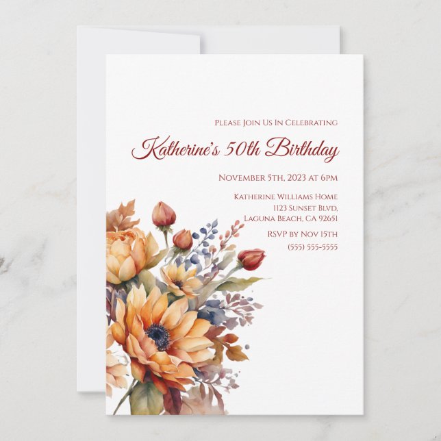 Invitación Flores de otoño acuáticas de cumpleaños- (Anverso)