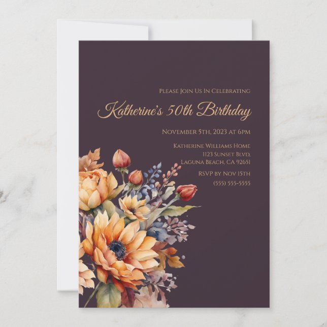 Invitación Flores de otoño acuáticas de cumpleaños-moradas- (Anverso)