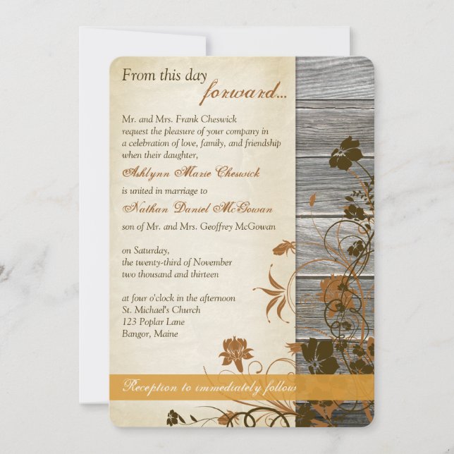 Invitación Flores de otoño, Boda de Madera y Pergamino de FAU (Anverso)