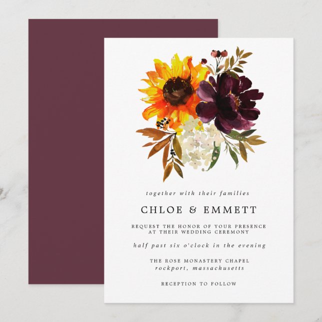 Invitación Flores de otoño Boda de peones morados de girasol  (Anverso / Reverso)