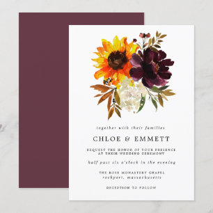 Invitación Flores de otoño Boda de peones morados de girasol 