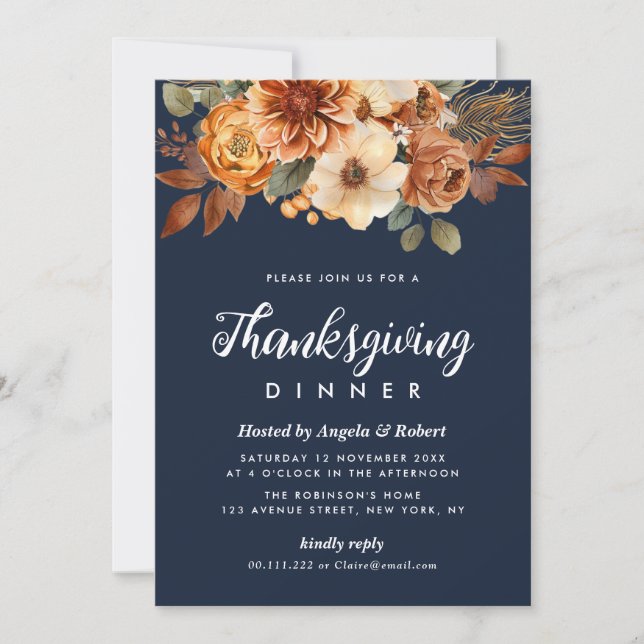 Invitación flores de otoño cena de acción de gracias azul mar (Anverso)