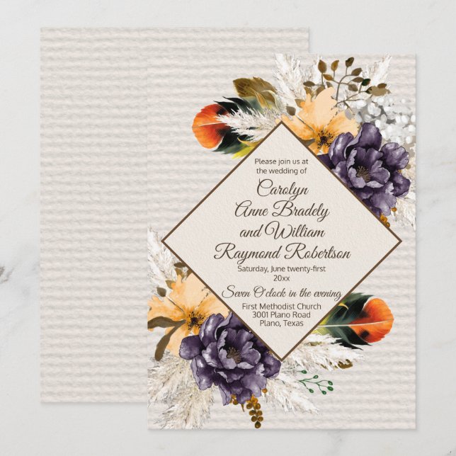 Invitación Flores de otoño con Boda de hierbas y plumas de Pa (Anverso / Reverso)