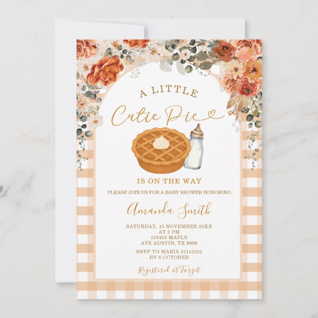 Invitación Flores de otoño Cutie Pie Gingham Fall Baby Shower (Anverso)