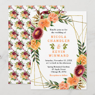 Invitación Flores de otoño de Borgoña y naranja