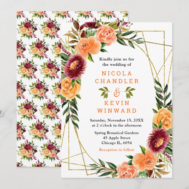 Invitación Flores de otoño de Borgoña y naranja (Anverso / Reverso)