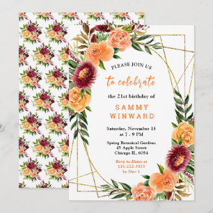Invitación Flores de otoño de Borgoña y naranja