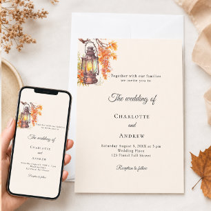 Invitación Flores de otoño de crema de naranja farol rústico